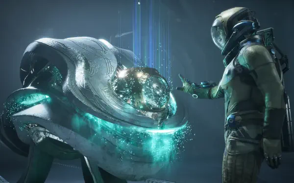 Exodus (2027 video game) 4K Ultra HD PC wallpaper: a suited explorer reaches toward a glowing bioluminescent alien relic cradled in a sleek organic shell, teal light and holographic beams.