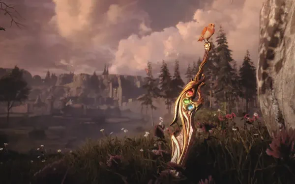 Soulframe video game 4K Ultra HD PC desktop wallpaper: ornate glowing blade-staff in a grassy lakeside meadow, wildflowers, distant castle and dramatic cloudy sky.