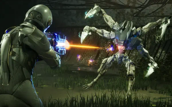 4K Ultra HD PC desktop wallpaper from video game Exodus (2027): armored soldier firing an orange energy beam at a spider-like robotic creature in a dark, overgrown battlefield.