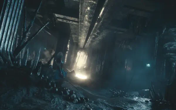 Dark, ruined subterranean corridor from the video game Soulframe, blue-green lighting and a distant bright exit — 4K Ultra HD PC desktop wallpaper and background.