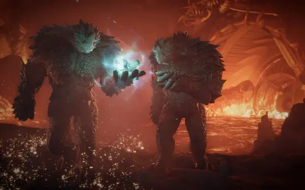 4K Ultra HD PC desktop wallpaper from Exodus (2027 video game): two towering furred brutes pass a glowing blue orb amid a molten, lava-lit cavern.