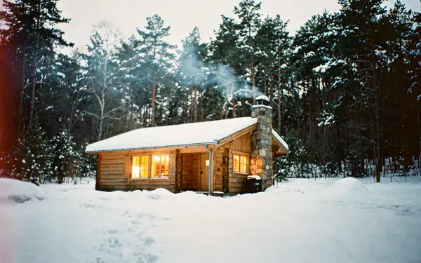 Winter cabin 4K Ultra HD PC desktop wallpaper: warmly lit log cabin in a snowy pine clearing at dusk, chimney smoke rising against a pale winter sky.