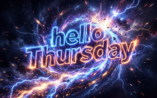 Vibrant 5K Ultra HD PC desktop wallpaper: neon hello Thursday text in a swirling cosmic vortex of blue and orange lightning, sparks, and energy streaks.