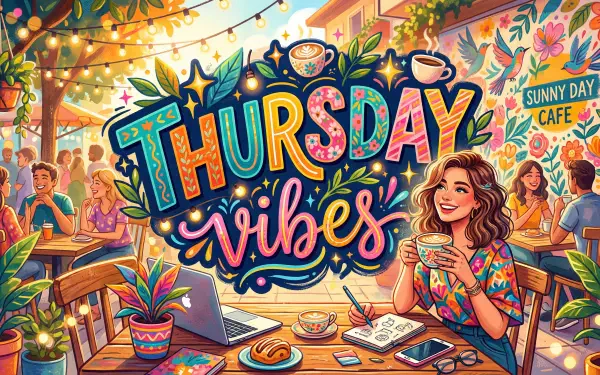 Vibrant 5K Ultra HD PC desktop wallpaper Thursday Vibes: colorful café scene with string lights, handwritten lettering, pastries, and a smiling woman enjoying coffee amid a lively outdoor crowd.