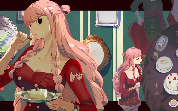 Anime One Piece — Perona in a red dress with braided pink hair eating cake by a mirror; 2K Quad HD PC desktop wallpaper/background with tea set and pastries.