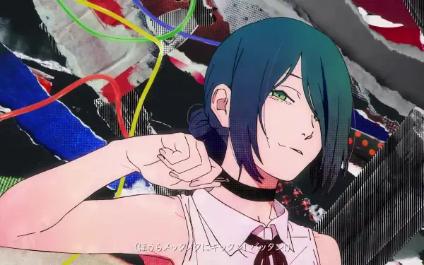 Anime Chainsaw Man — Reze smirking with teal hair and green eyes, wearing a choker and white blouse against a torn, colorful abstract backdrop. 4K Ultra HD PC desktop wallpaper.