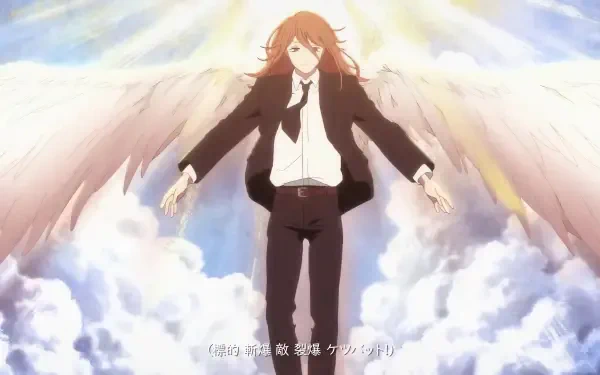 Anime 4K Ultra HD PC wallpaper: Angel Devil from Chainsaw Man floats with outstretched arms and expansive white wings above sunlit clouds.