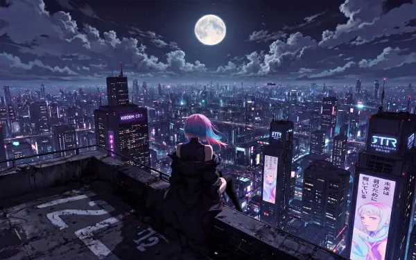 Lucy (Cyberpunk: Edgerunners) perches on a rooftop beneath a full moon, gazing over neon Night City (Cyberpunk 2077) in anime-style 5K Ultra HD.