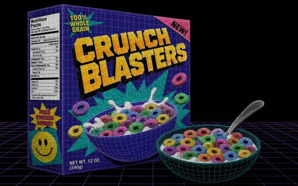 4K Ultra HD PC desktop wallpaper and background showing a retro Crunch Blasters cereal box and a bowl of colorful ring cereal with a spoon on a neon grid backdrop.