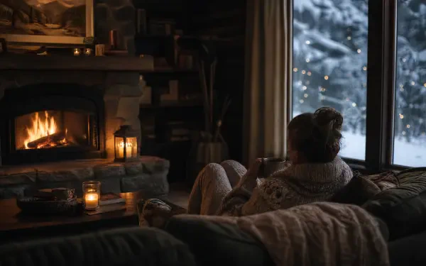 Cozy winter 4K Ultra HD PC desktop wallpaper: a person wrapped in blankets on a sofa by a crackling fireplace and candles, gazing out at snow through a window.