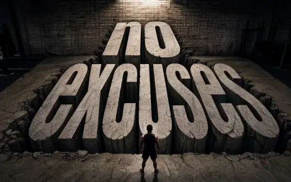 Person stands before massive 3D stone letters spelling NO EXCUSES in a shadowy industrial room — bold 4K Ultra HD PC desktop wallpaper/background.