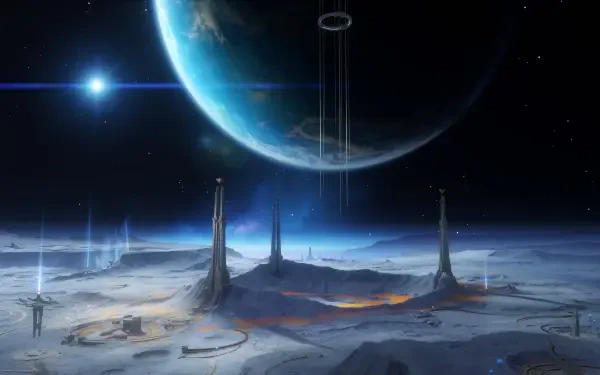 Genshin Impact Luna VIII 4K Ultra HD PC desktop wallpaper: moonlike landscape with towering spires, radiant light pillars and a blue planet looming over a cratered surface, video game art.