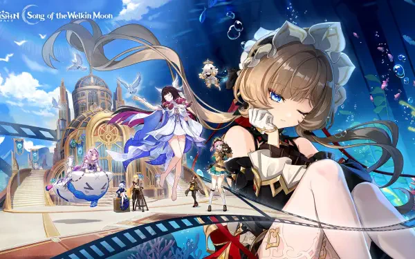 HD PC desktop wallpaper for the video game Genshin Impact featuring Luna VIII: anime-style characters set against a luminous seaside city with ornate architecture, bubbles and a vibrant blue fantasy sky.