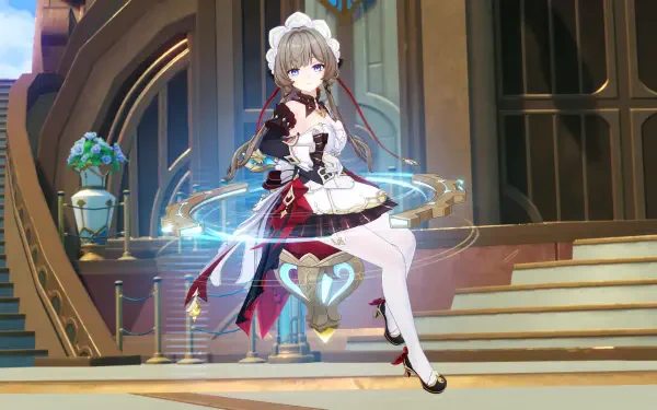 4K Ultra HD PC desktop wallpaper from the video game Genshin Impact: Luna VIII in a red-black maid outfit summoning glowing blue rings on ornate steps inside a grand hall.