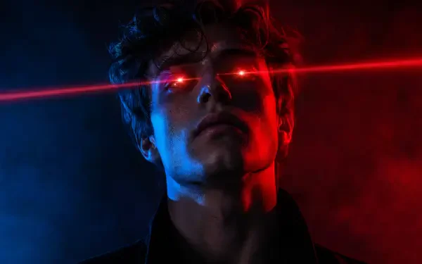 4K Ultra HD PC desktop wallpaper: moody portrait of a man with glowing red laser eyes and a red beam cutting across a blue-and-red lit background.
