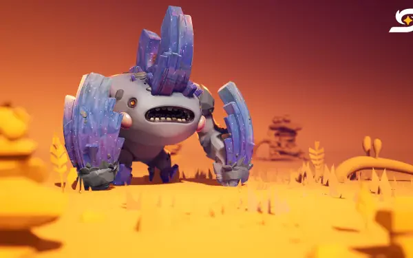 4K Ultra HD PC desktop wallpaper/background for the video game Starseeker: Astroneer Expeditions, showing a crystal‑armored rock creature traversing orange alien plains at sunset.