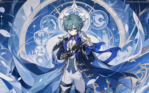 Lohen (Genshin Impact) in ornate blue-and-white attire, posed before a glowing circular sigil; dynamic flowing cape and ice motifs. 4K Ultra HD PC desktop wallpaper/background.