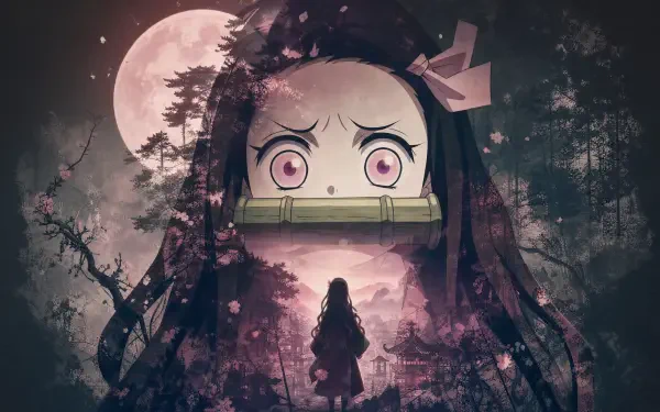 Nezuko Kamado 4K Ultra HD PC desktop wallpaper: oversized moonlit close-up with bamboo muzzle, wide pink eyes, silhouetted figure walking into a cherry-blossom forest.