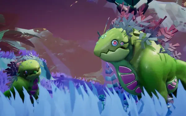 Starseeker: Astroneer Expeditions video game HD PC desktop wallpaper — two green, crystal-studded reptilian creatures grazing in blue-purple grass beneath a violet, starry sky.