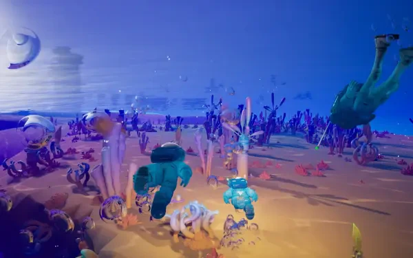 4K Ultra HD PC desktop wallpaper of video game Starseeker: Astroneer Expeditions — two suited explorers cross a vibrant alien landscape dotted with strange flora, distant moons and drifting debris.