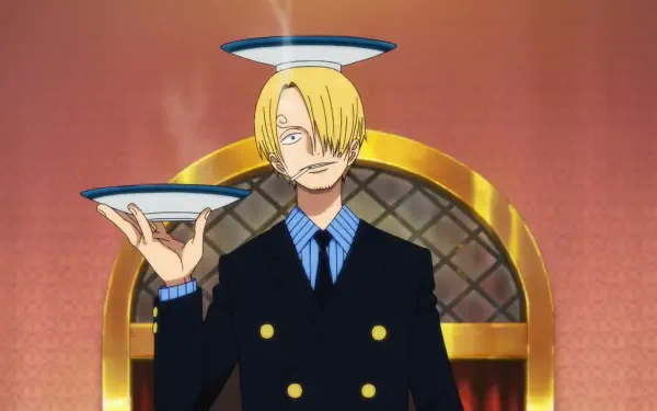 HD PC desktop wallpaper: Anime character Sanji from One Piece — blond-haired cook in a dark double-breasted suit balancing a steaming plate on his finger against an arched golden backdrop.