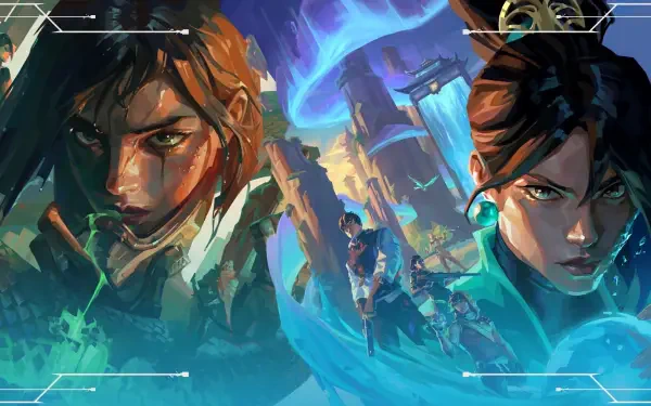 2K Quad HD PC desktop wallpaper featuring Valorant agents Sage, Viper, Iso, Reyna in stylized portraits with cyan energy and a futuristic battlefield backdrop.