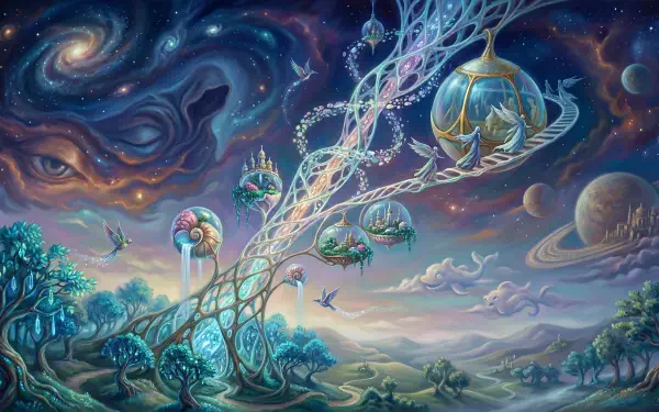 5K Ultra HD PC Desktop Wallpaper and Background: surreal space elevator tethering glass orbital habitats above a colorful alien landscape, nebulae, ringed planets and floating birds.