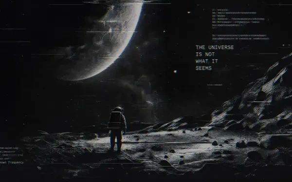 Astronaut on a rocky lunar surface beneath a crescent planet with digital HUD overlays — dark, high-detail deep space exploration scene, 4K Ultra HD PC desktop wallpaper/background.