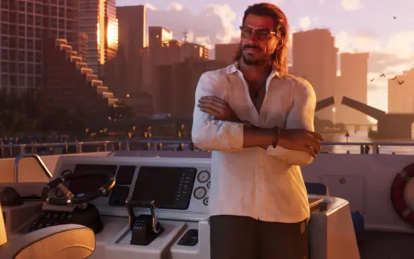 Raul Bautista from the video game Grand Theft Auto VI leans on a yacht at sunset with a city skyline — 4K Ultra HD PC desktop wallpaper background.