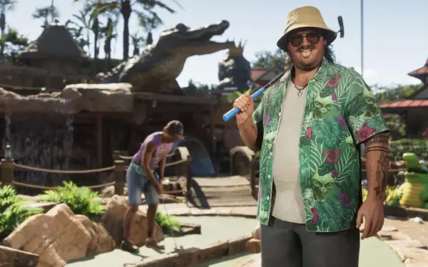 4K Ultra HD PC desktop wallpaper: Cal Hampton from the video game Grand Theft Auto VI — tropical-shirted man in a bucket hat holding a putter at a sunny mini-golf course.