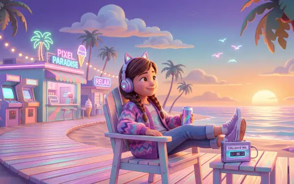 Chillwave 5K Ultra HD PC desktop wallpaper and background: person with headphones relaxing on a pier at sunset, neon arcade and palm trees, retro cassette player and pastel sky.