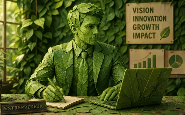 4K Ultra HD PC desktop wallpaper: leaf-sculpted entrepreneur in a suit working at a laptop amid lush foliage, posters reading Vision, Innovation, Growth, Impact.