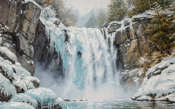 Frozen waterfall cascading between snow-covered cliffs into icy pools, mist rising under frosty pines — 4K Ultra HD PC desktop wallpaper and background.