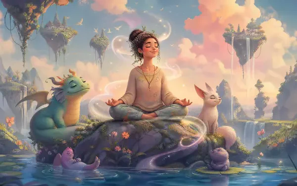 Mindfulness-themed 4K Ultra HD PC desktop wallpaper: serene person meditating on a mossy rock with gentle fantasy creatures, floating islands and a soft pastel sky.