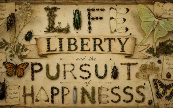 4K Ultra HD PC desktop wallpaper/background: vintage naturalist collage of insects, moths and plants forming the phrase Life, Liberty and the Pursuit of Happiness.