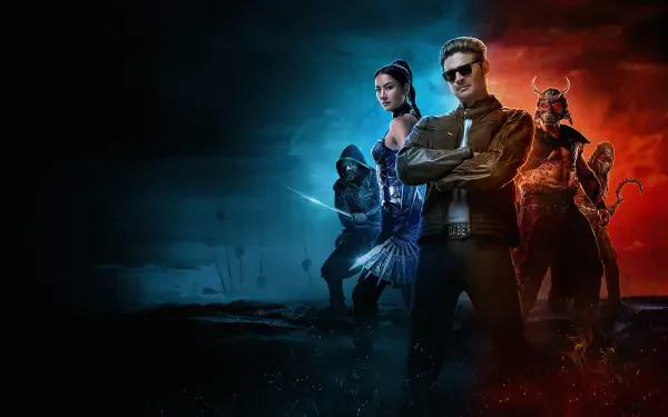 Mortal Kombat 2 (2026) 4K Ultra HD PC desktop wallpaper showing four Mortal Kombat characters standing in a blue-to-red split background, central figure in sunglasses with arms crossed.