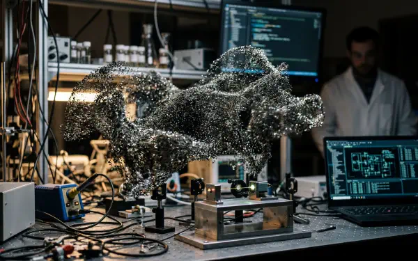 5K Ultra HD PC desktop wallpaper and background of a shimmering nanotech swarm forming a fluid shape above a cluttered lab bench with monitors and a researcher in the dim background.
