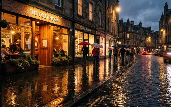 5K Ultra HD PC desktop wallpaper and background showing rainy reflection of café lights on a wet cobblestone street, people with umbrellas and a moody dusk sky.