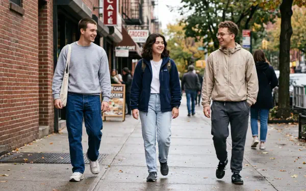 Normcore street scene: three casually dressed people walking on a city sidewalk with autumn trees — 5K Ultra HD PC desktop wallpaper and background.