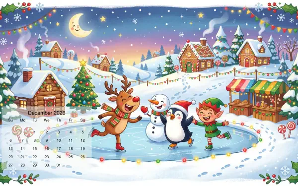 Whimsical winter village with a skating reindeer, penguin, snowman and elf on a frozen pond, snowy cottages and market; December 2026 calendar — 5K Ultra HD PC desktop wallpaper and background.