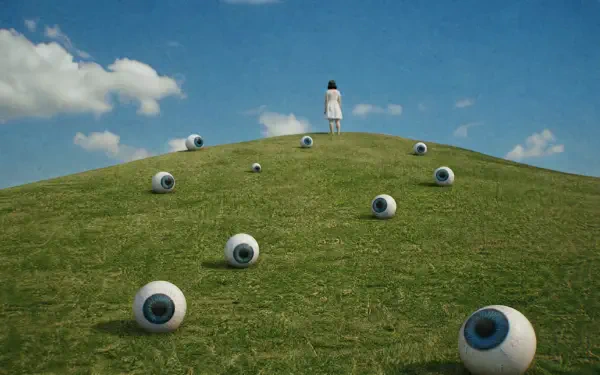 Weirdcore 4K Ultra HD PC desktop wallpaper/background: lone figure in white atop a grassy hill dotted with oversized eyeballs under a bright blue sky.