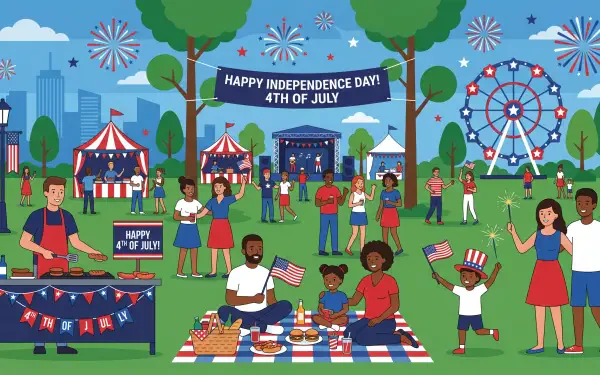 5K Ultra HD PC desktop wallpaper of a 4th of July park celebration: families picnicking, food stands, tents, Ferris wheel, fireworks and banners reading Happy Independence Day.