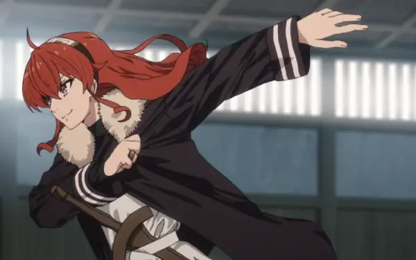 Eris Boreas Greyrat from Mushoku Tensei in a dynamic fighting pose, red hair streaming and wearing a dark coat — HD anime PC desktop wallpaper.