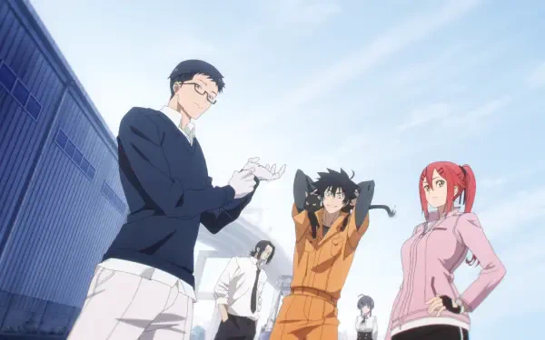Black Torch anime HD PC desktop wallpaper/background: main cast standing under a clear blue sky — a bespectacled man, an orange-clad youth, a red-haired girl and other characters.