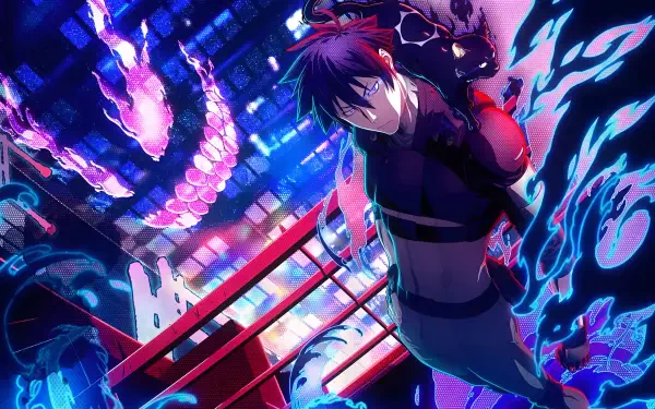 2K Quad HD PC wallpaper of Black Torch anime: Jirou Azuma with Ragou, neon city skyline, swirling blue and pink spirit flames and a glowing serpent.