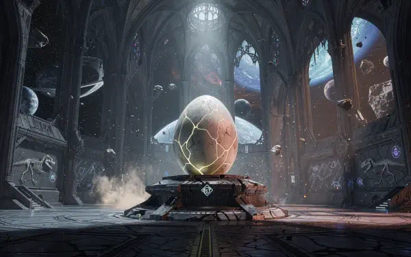 4K Ultra HD PC desktop wallpaper and background: a cracked, glowing dinosaur egg on a futuristic pedestal inside a vast, cathedral-like space chamber.