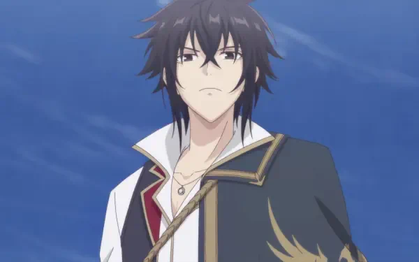 Anime HD PC desktop wallpaper: Arnold Lakes Adler from The Insipid Prince's Furtive Grab for the Throne — dark-haired prince in a cloak standing against a clear blue sky.