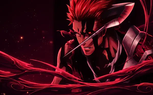 Bleach: Thousand-Year Blood War — Ichigo Kurosaki in Horn of Salvation form, red energy ribbons swirling across a dark field. 5K Ultra HD PC desktop wallpaper, anime.