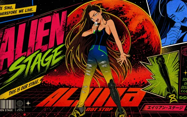 Comic-style Alien Stage 4K Ultra HD PC desktop wallpaper: a long-haired female singer on a neon stage with a red planet backdrop, bold graphic text and sci-fi pop-art panels.