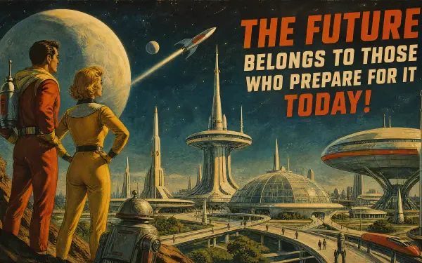 Motivational 4K Ultra HD PC desktop wallpaper and background: retro-futuristic cityscape with two observers, rockets and the slogan The future belongs to those who prepare for it today!
